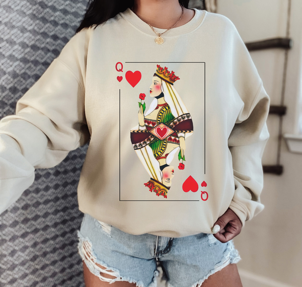 Vintage Queen of Hearts Crewneck, Oversized Style Women's Sweatshirt, Feminist Tee, Playing Cards, Gift for her , Valentine Sweater