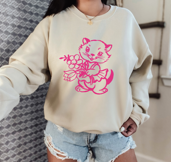 Vintage Cat Valentine Sweatshirt, Retro Galentines Day, Crewneck Sweatshirt, Heart Sweater, Cute Kitty Shirt, Valentines Day Womens