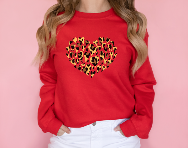 Leopard Print Valentines Sweater, Oversized Crewneck Sweatshirt,  Shirts For Woman, Heart T, Valentines Day Gift,Cute Valentine Tee