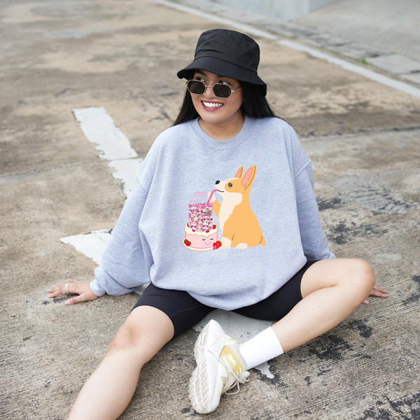 Strawberry Milk Corgi and Cute Kitties Kawaii Crewneck Sweatshirt, Cottegecore Sweater, Gift for Woman