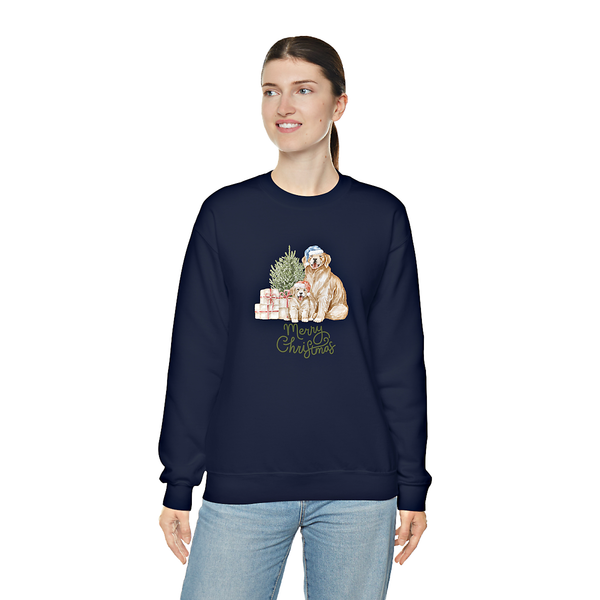 Merry Christmas Crewneck Sweatshirt Featuring Two Adorable Golden Retrievers